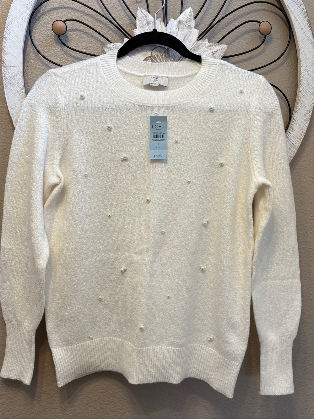 LOFT Ivory Pearl-Accent Crewneck Sweater